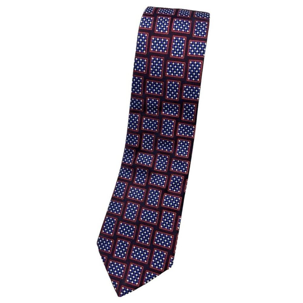 DUCHAMP Men's 100% Silk Necktie LUXURY Tie Blue Red Geometric W:3" EUC